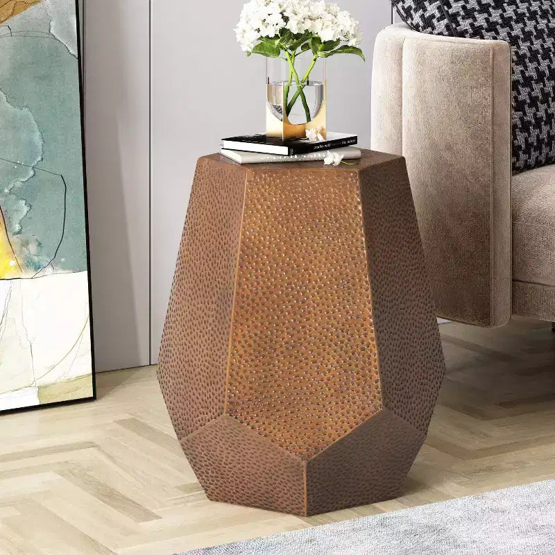 Tavolino Moderno Geometrico Anticato Spazzolato in Ferro Martellato Bronzo - Nessun Assemblaggio, Resistente a Macchie e Graffi