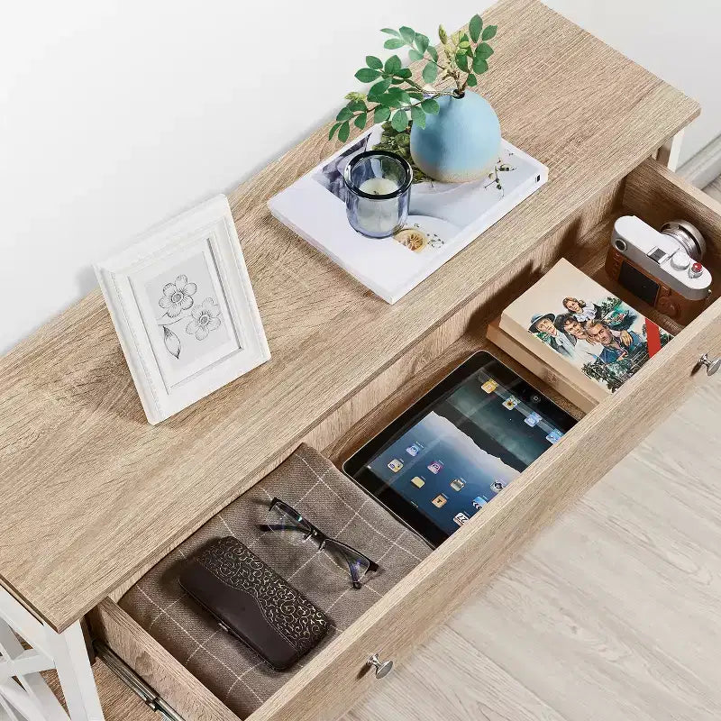 Consolle Vintage in Legno con 1 Cassetto e 2 Ripiani a Giorno