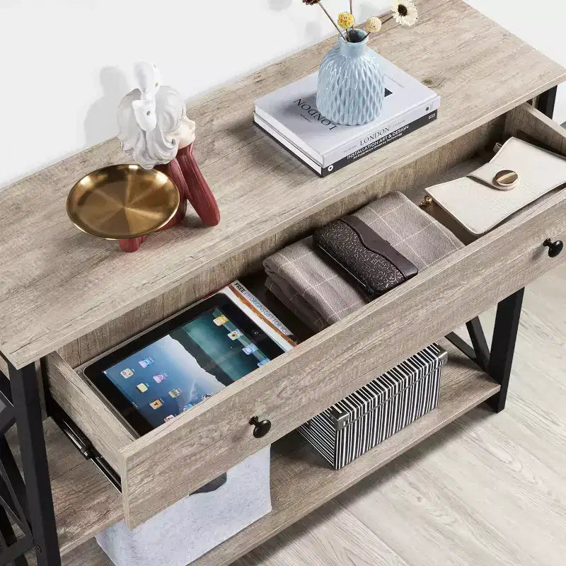 Consolle Vintage in Legno con 1 Cassetto e 2 Ripiani a Giorno