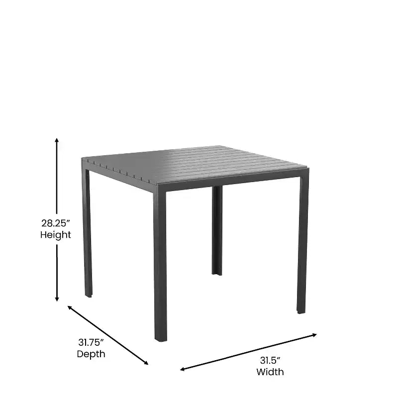 Tavolo da pranzo quadrato per patio, per 4 persone, da interno/esterno, per tutte le stagioni, con struttura in acciaio e piano a doghe in poly resina - Nero