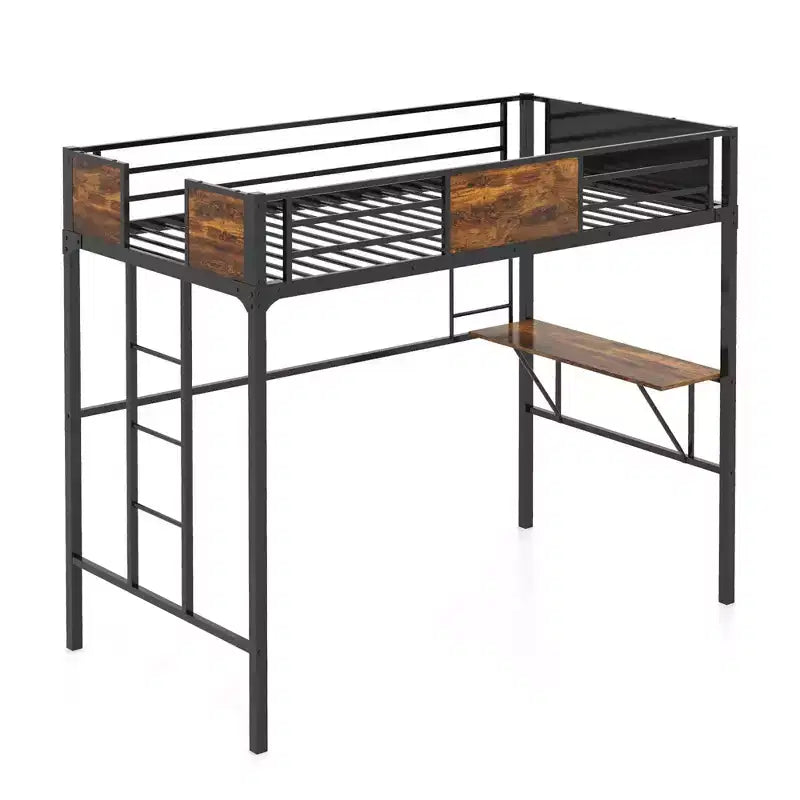 Letto a soppalco singolo con scrivania e scaffale, sponda di sicurezza e scaletta salvaspazio