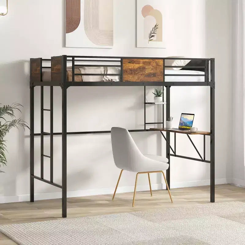 Letto a soppalco singolo con scrivania e scaffale, sponda di sicurezza e scaletta salvaspazio