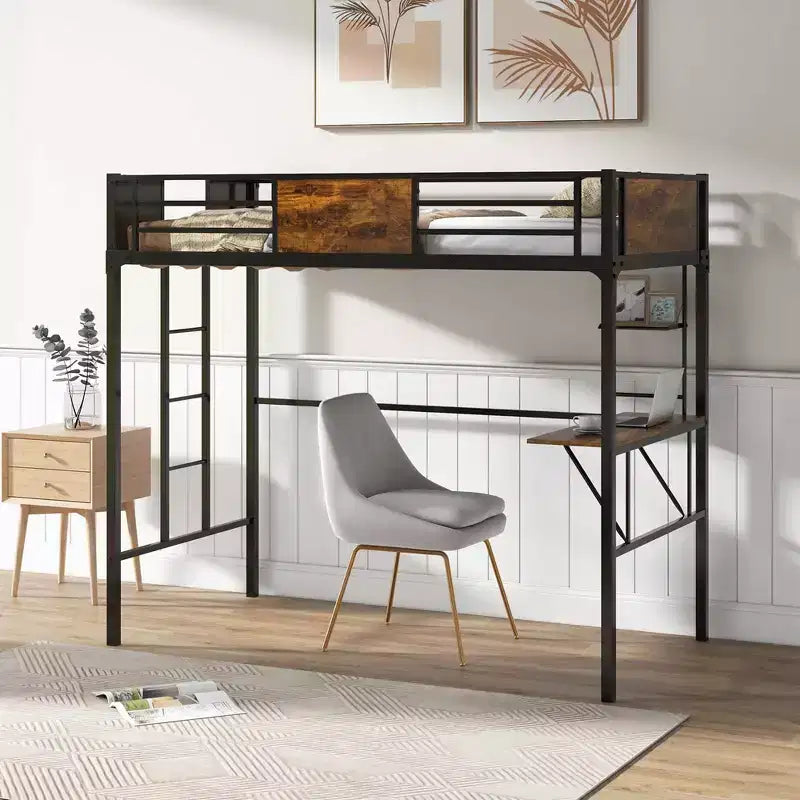 Letto a soppalco singolo con scrivania e scaffale, sponda di sicurezza e scaletta salvaspazio