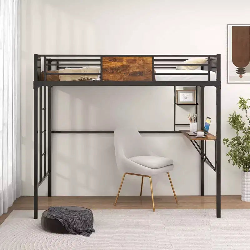 Letto a soppalco singolo con scrivania e scaffale, sponda di sicurezza e scaletta salvaspazio