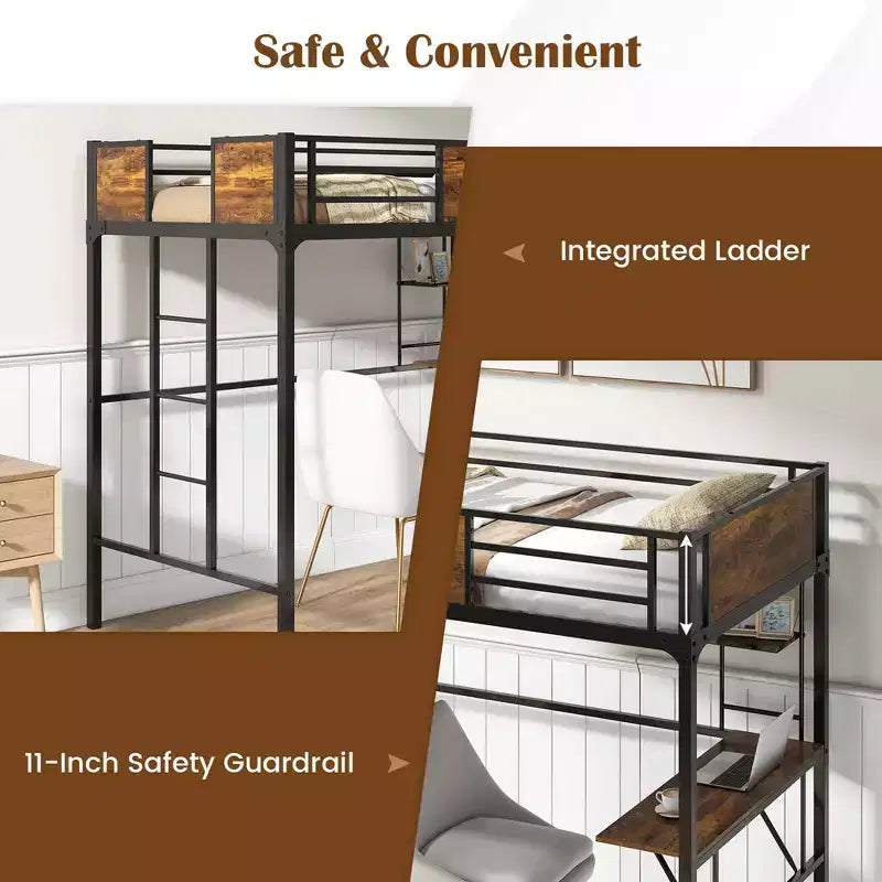 Letto a soppalco singolo con scrivania e scaffale, sponda di sicurezza e scaletta salvaspazio