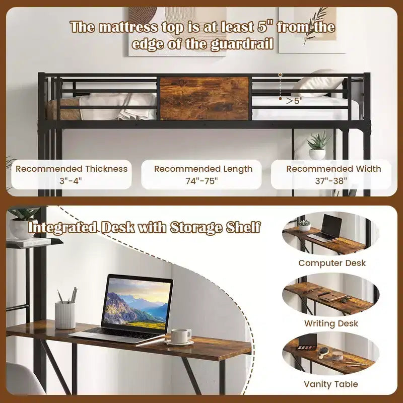 Letto a soppalco singolo con scrivania e scaffale, sponda di sicurezza e scaletta salvaspazio
